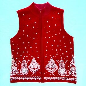 Talbots PM Red Embroidered Merino Wool Holiday Vest